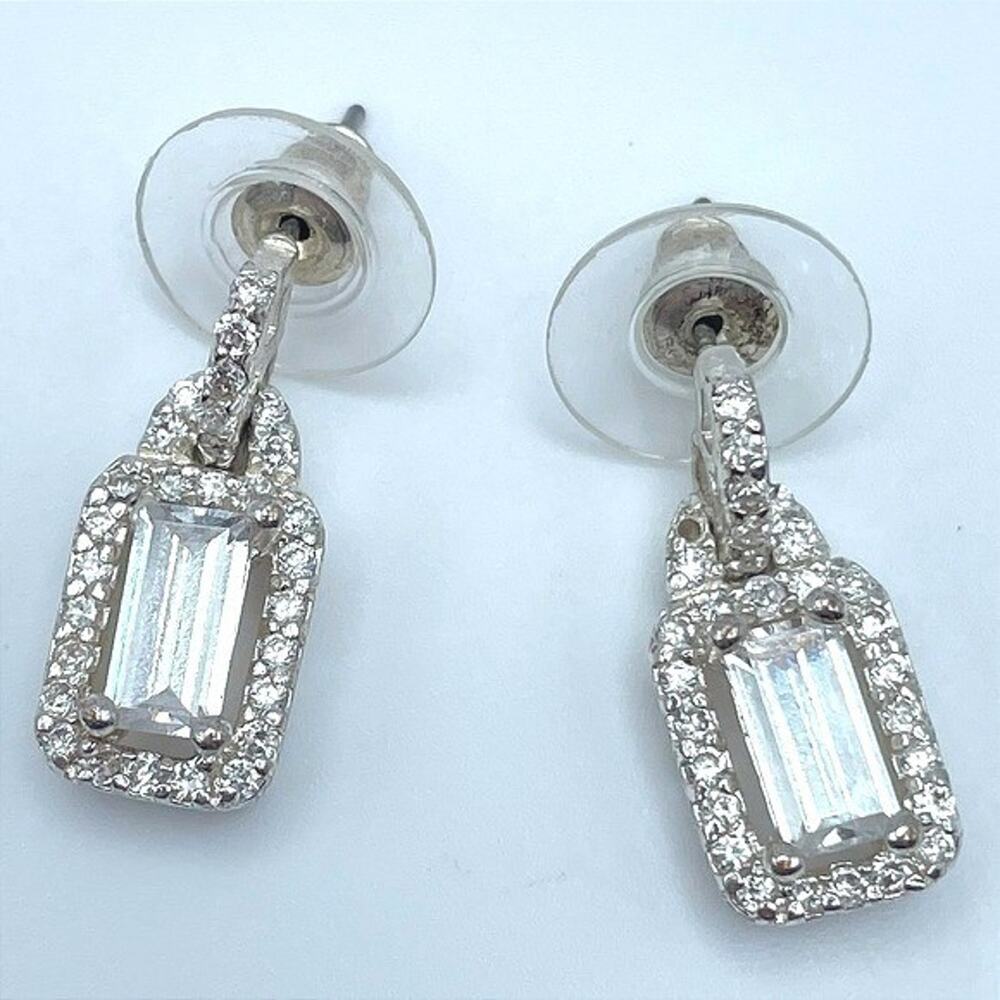 Vintage 80s 90s Silver Tone Emerald Cut Clear Glass Halo Dangle Drop Earrings